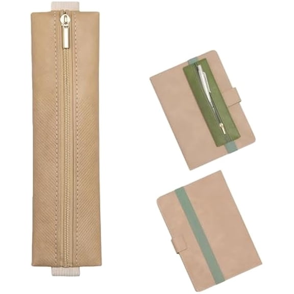 4 Pcs Pen Pouch for Notebook, Olive Green, Khaki, Pink, White Waterproof Washable Kraft Paper Slim Pencil Case with Zipper, Elastic Strap Pen Holder for Planner, 7.6 x 2.0 in, Lightweight Bag