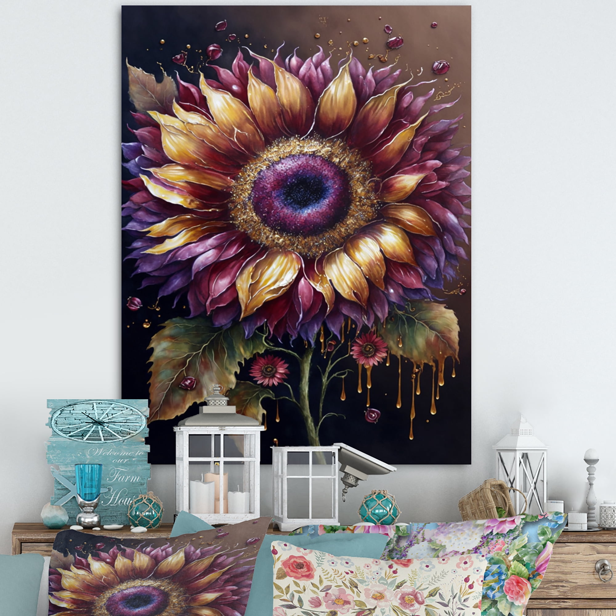 Designart Yellow And Purple Sunflower Canvas Wall Art