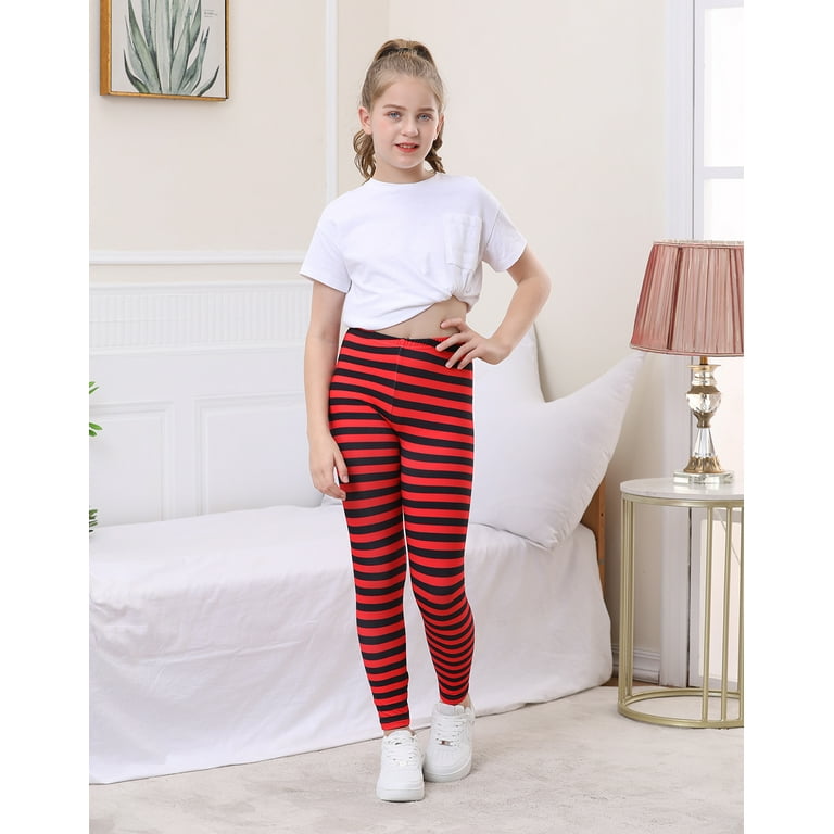 HDE Girl's Leggings Holiday Stretchy Full Ankle Length Striped Tights Red  and Black Stripes 14-16 