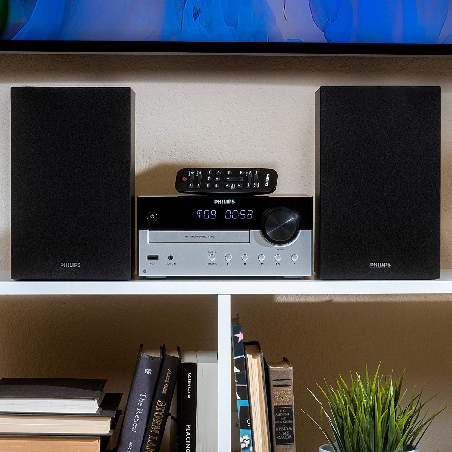 Philips 60W Compact Bluetooth Home Stereo System, Bookshelf-Style Sound System with Remote Control, FM Radio, 60W