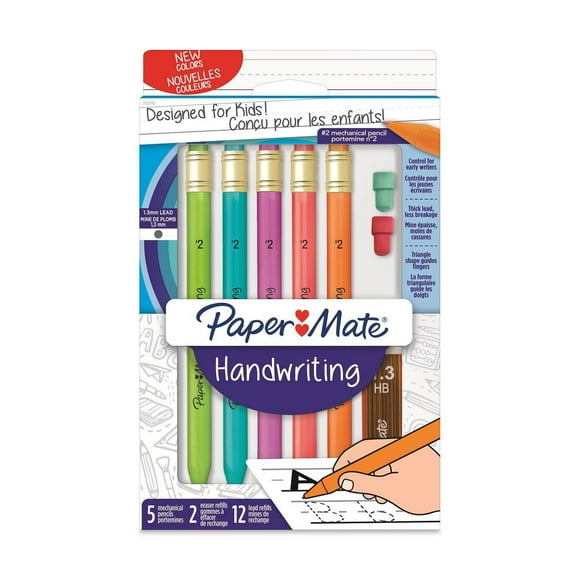 Paper Mate Handwriting Triangular Mechanical Pencil Set with Lead & Eraser Refills, 1.3mm, Fun Barrel Colors, 8 Count