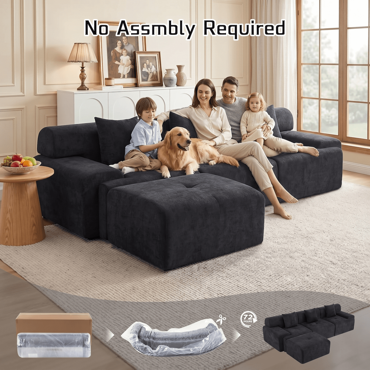 Xiweot Boneless Cloud Couch Sectional Sofa, Oversized Modular Sectional Couch for Living Room, Deep Seat Chenille Sofa with Ottoman, No Assembly Full Foam Comfy Couch for Apartment Bedroom (Black)