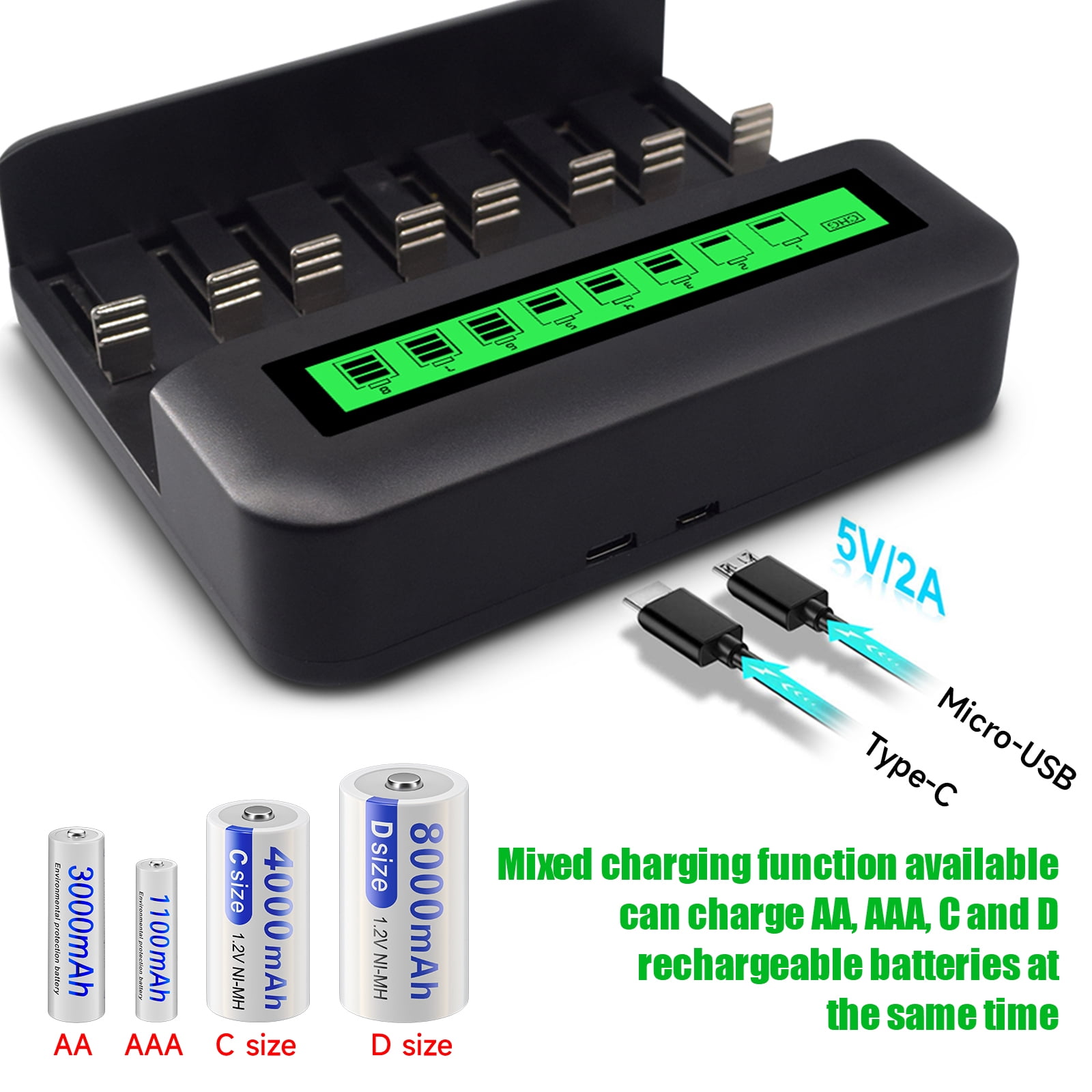 Palogreen 4 D Battery Ni-MH Rechargeable D Batteries 1.2V 8000mAh with 8 Bay Rechargeable Battery Charger For AA AAA C D Size Ni-MH Batteries