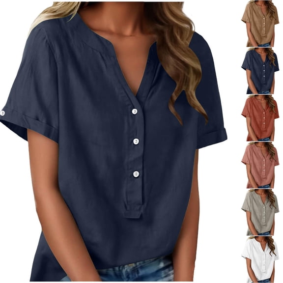 HomeDM Short Sleeve Button Down Shirts for Women, Summer V Neck T Shirts Loose Fit Pullover Tops Solid Color - Navy/L