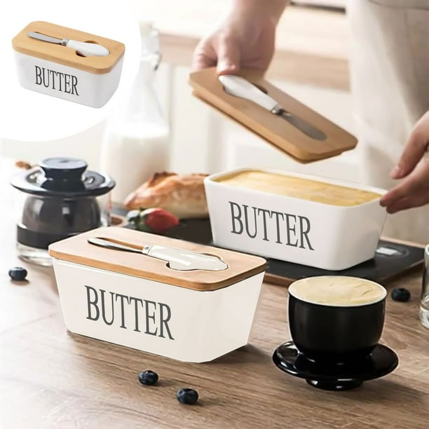 Mantequera de cerámica con tapa y cuchillo, estilo nórdico, color blanco y amarillo, resistente a altas temperaturas y sin olores, ideal para usar en la mesa de la cocina.