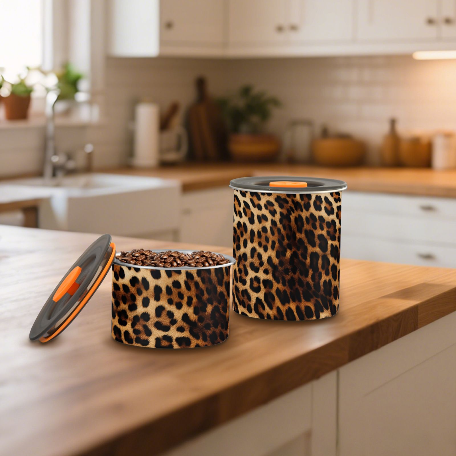 Leopard Print Cheetah Airtight Coffee Bean Canister 30oz Food Storage Containers with Lids For Gournd, Tea, Sugar, Flour, Rice, Cereal, Candy Cookie Jar