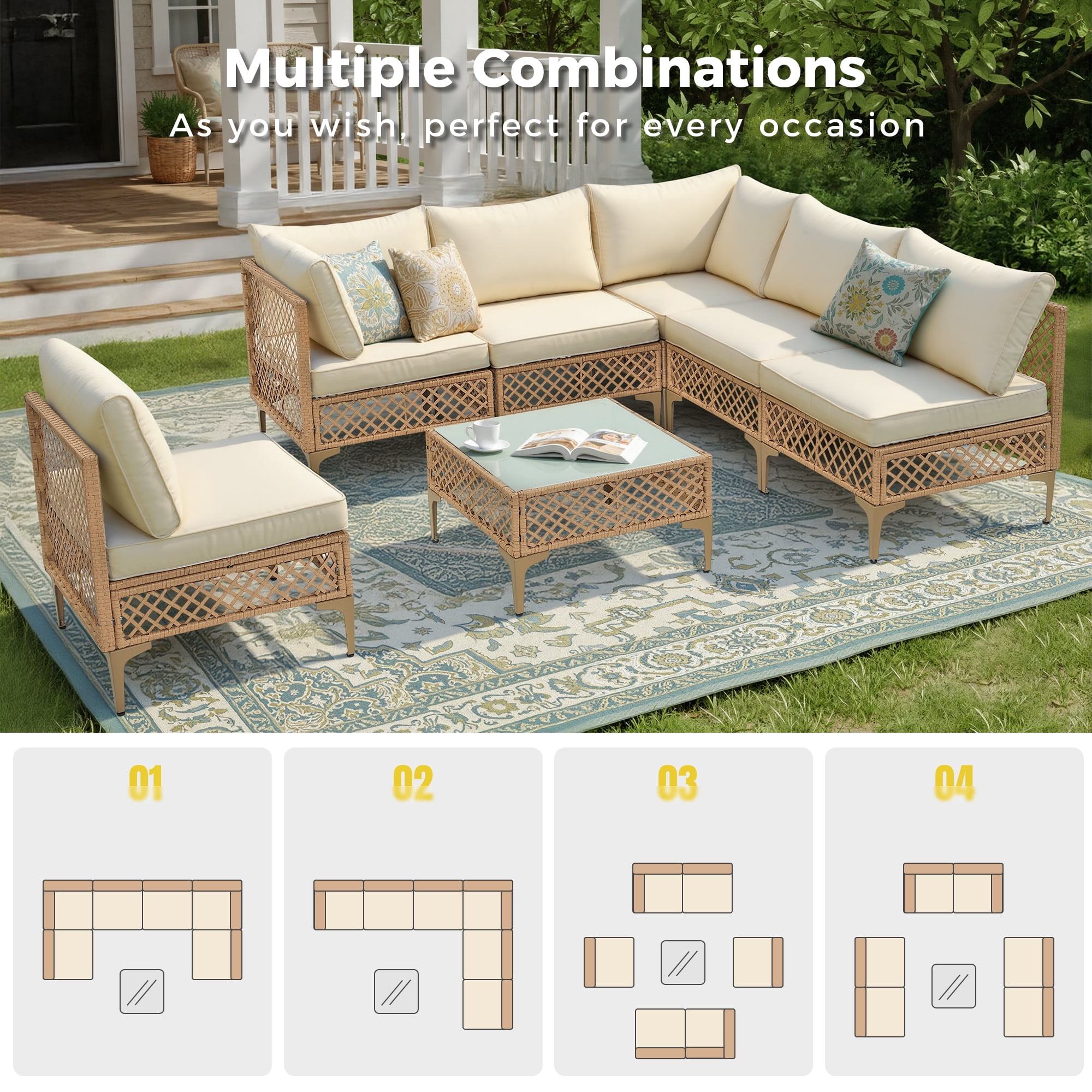 FHFO 7-Piece Patio Furniture with Tea Table,Rattan Wicker Outdoor Sectional Furniture Sofa Conversation Set,Bohemian Style Courtyard Dialogue Set, for Backyard Poolside Porch Garden, Yellow/Beige