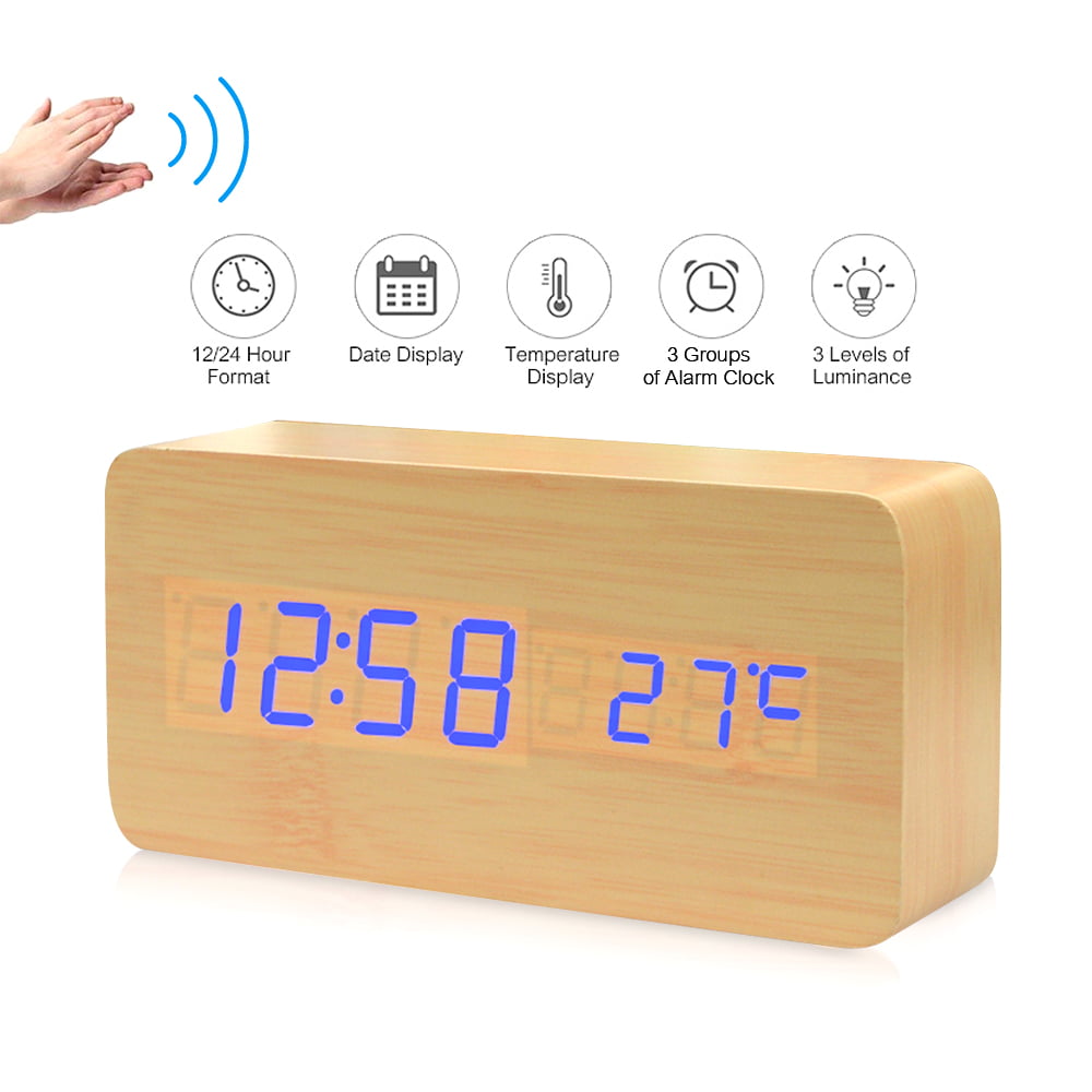 Wood USB/AAA Digital LED Alarm Clock Calendar Temperature Display Voice Control 