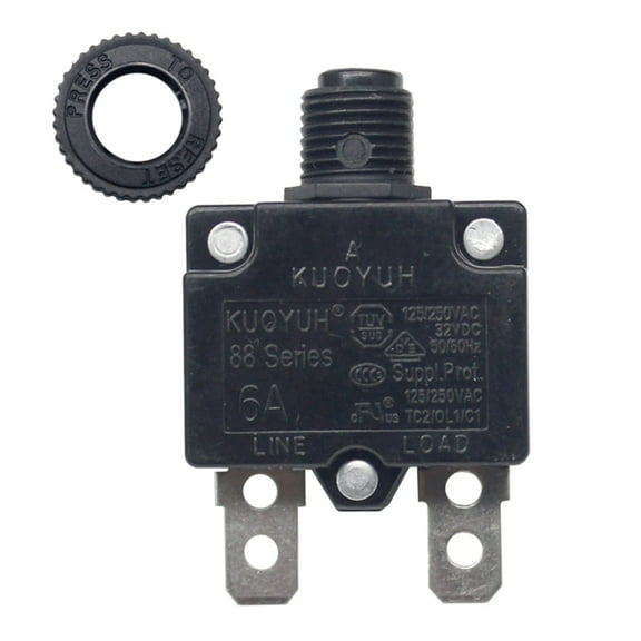 KUOYUH USA 3-12 Amps 88 Series Quick Connect Terminals Push-To-Reset Thermal Circuit Breaker with Transparent Waterproof Button Dust Cover (1-Pack) (6A)