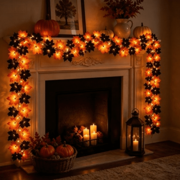 Halloween Lighted Black and Orange Maple Leaf Garland, Hanging Fall Vine Lights, Rattan Lamp for Thanksgiving Mantel Stair Decor