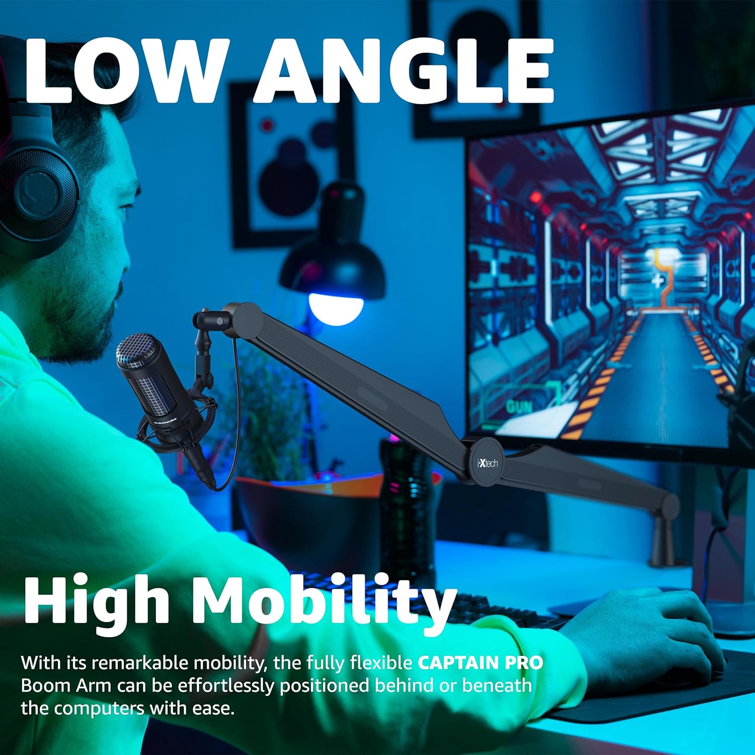 IXTECH Mic Boom Arm Microphone Arm for Blue Yeti Shure Sm7b Hyperx QuadCast Rode At2020 and Fifine Upgraded Mic Stand with Tablet and Headphone Holder for Gaming Podcasting and Streaming CAPTAIN PRO