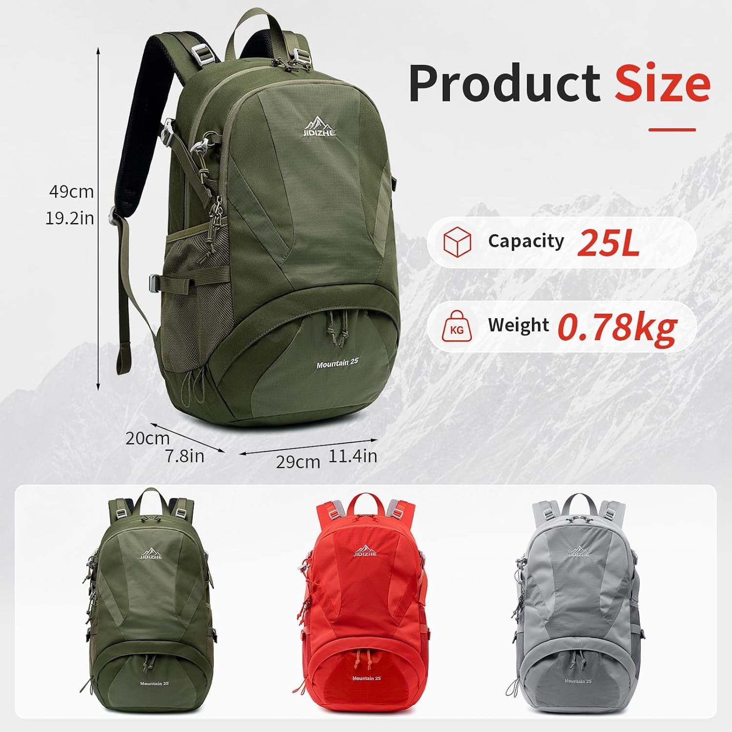 JIDIZHE 25L Hiking Backpack, Water Resistant Daypack with Rain Cover, Lightweight Design, Adjustable Chest Strap & Breathable Back Pad, Unisex for Hiking, Camping & Travel, Green