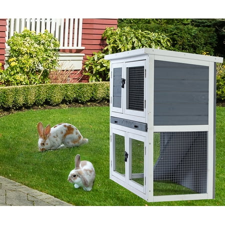 Best 2 Story Rabbit Hutch, Indoor Bunny Cage Chicken Coops Guinea Pig House Hamster Accessories, Nature Color with Ladder Fence Door Pull Out Tray for Little Small Animals