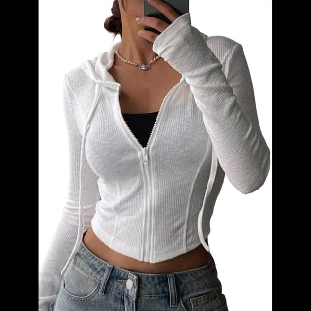Chaqueta Corta Ligera con Capucha, Cremallera y Cordón de Larga para Mujer S