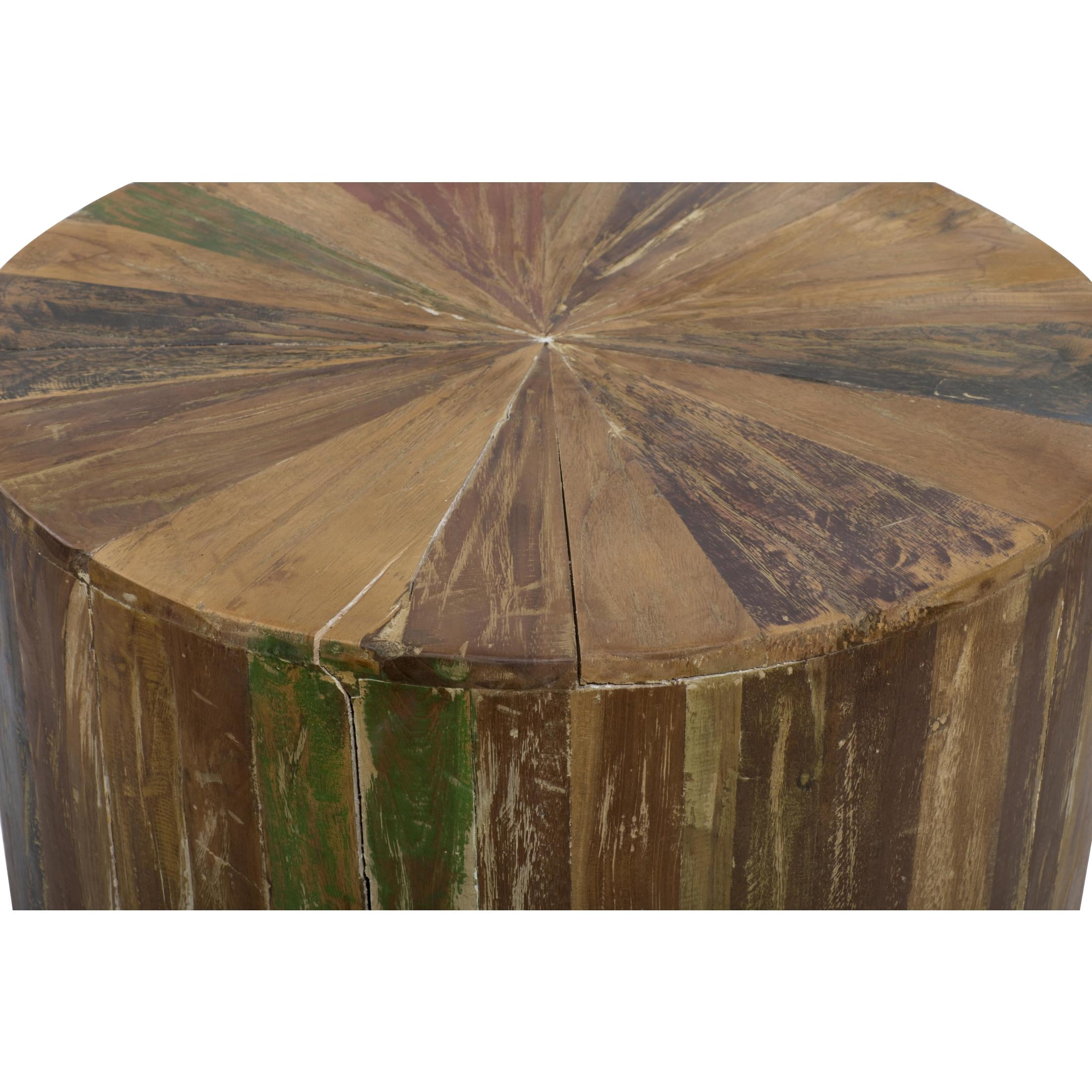 DecMode 22" x 18" Brown Reclaimed Wood Handmade Pinwheel Drum Starburst Accent Table with Colorful Painted Accents, 1-Piece