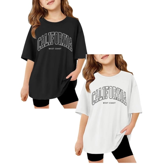 SGMVNU 2 Pack Girls Oversized T Shirts Short Sleeve Crew Neck Printed Tops Summer Casual Loose Athletic Tee Shirt, Size 9-10 Years