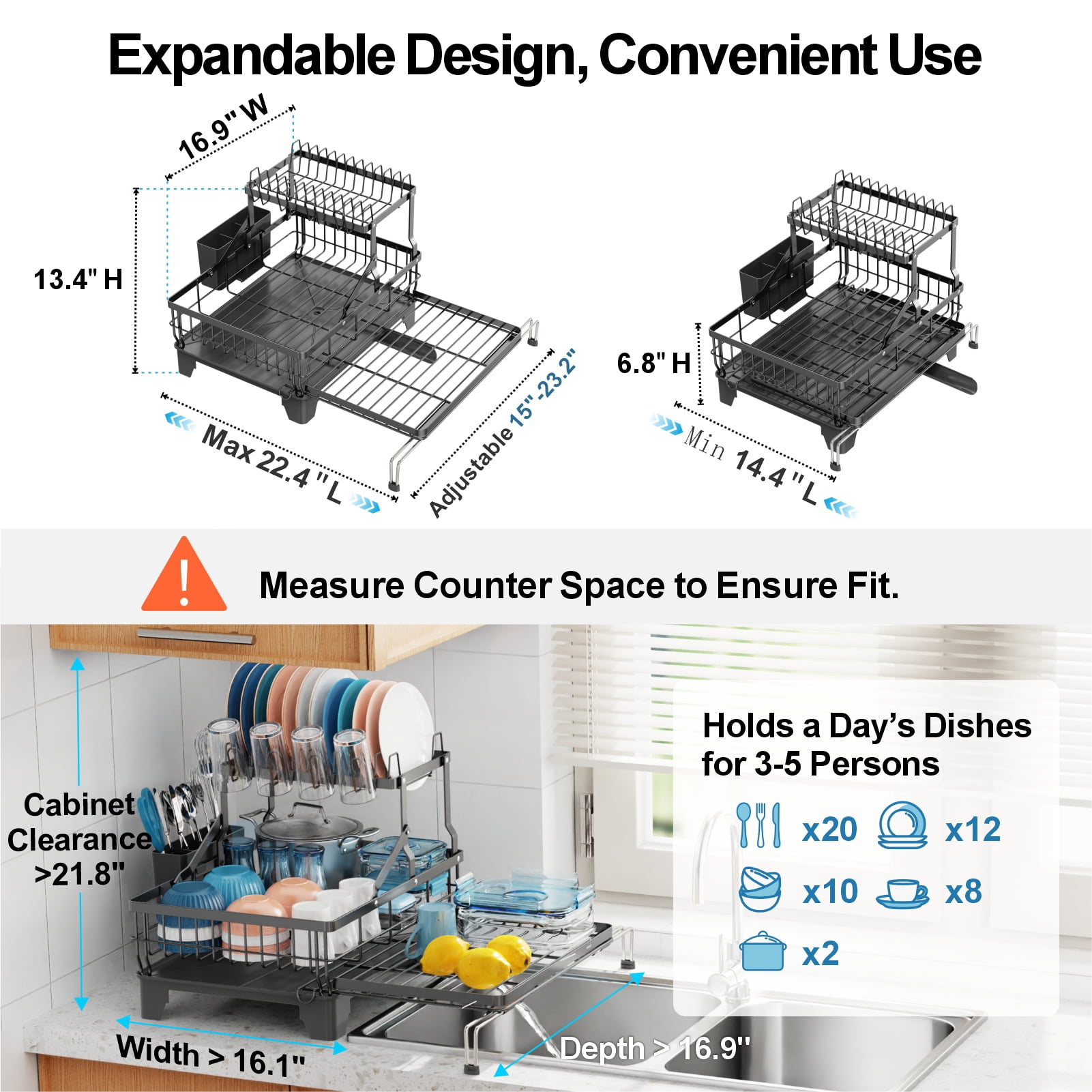 iSPECLE Large Dish Drying Rack - Extendable 2-in-1 Dish Racks for Kitchen Counter or Over Sink, 2 Tier Dish Drainer with Drainboard, Cups Holder and Utensil Holder, Black