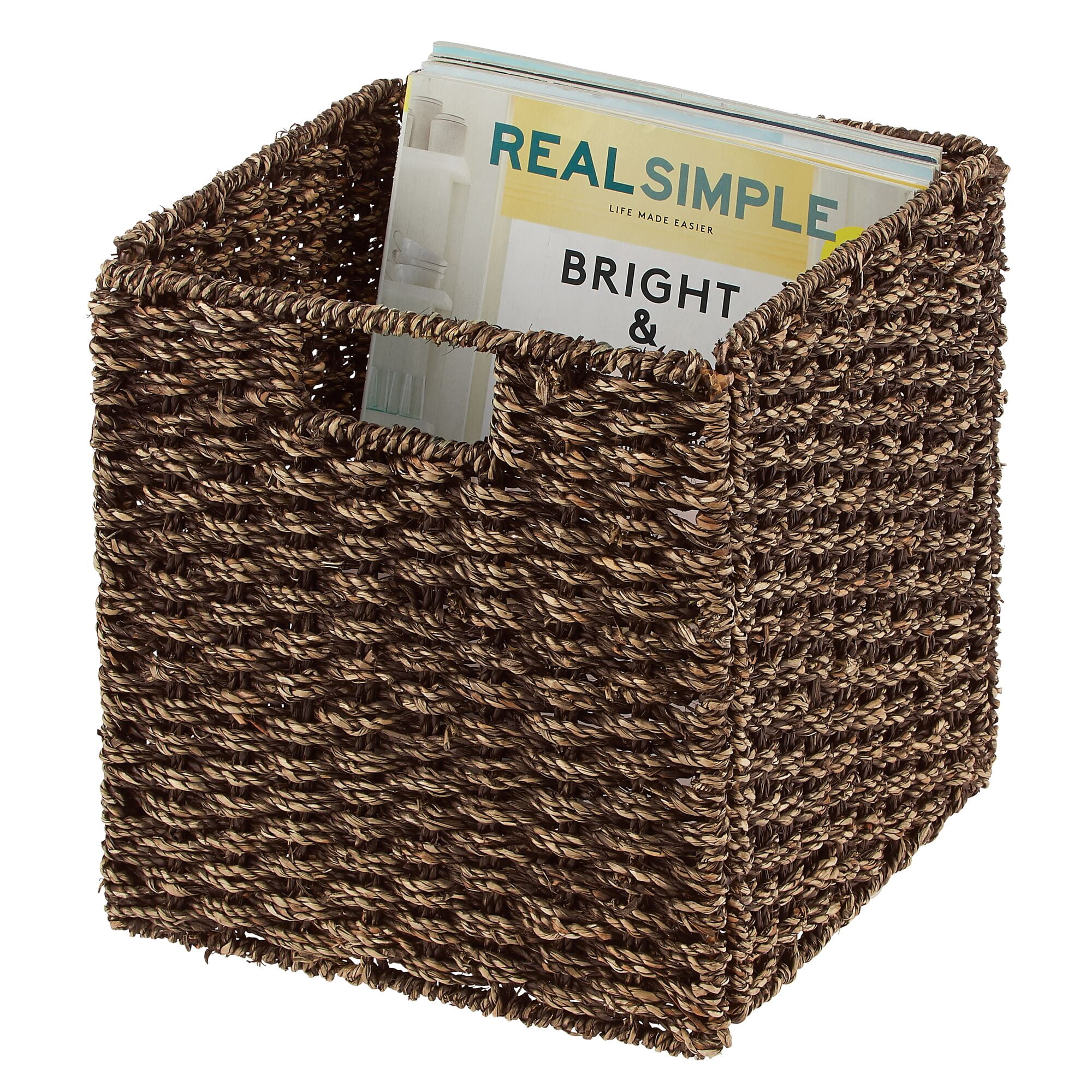 mDesign Seagrass Woven Cube Bin Basket Organizer, Handles, 6 Pack, Brown Wash