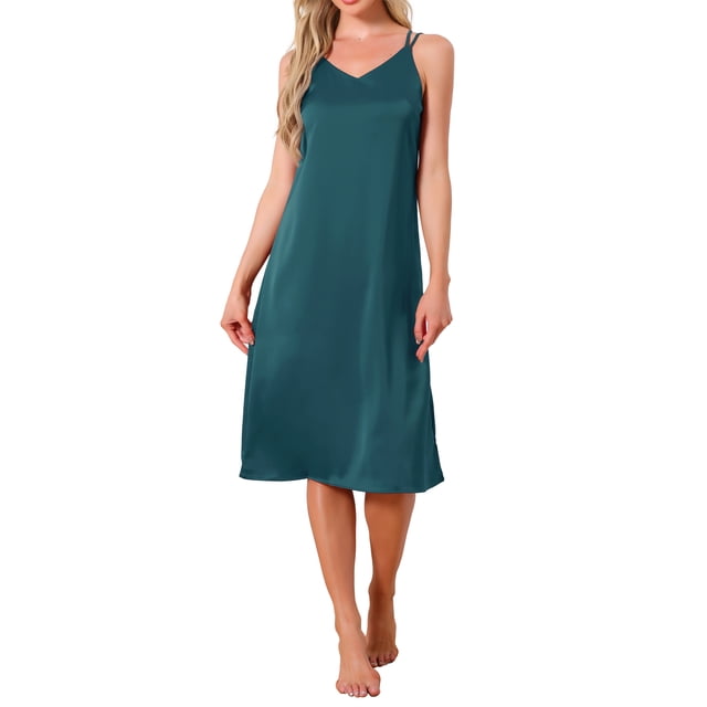 INSPIRAR CHIC Vestido de dormir para mujeres de satén sin mangas con doble tirante espagueti, espalda cruzada, sexy, escote en V, midi, bata de noche, S azul