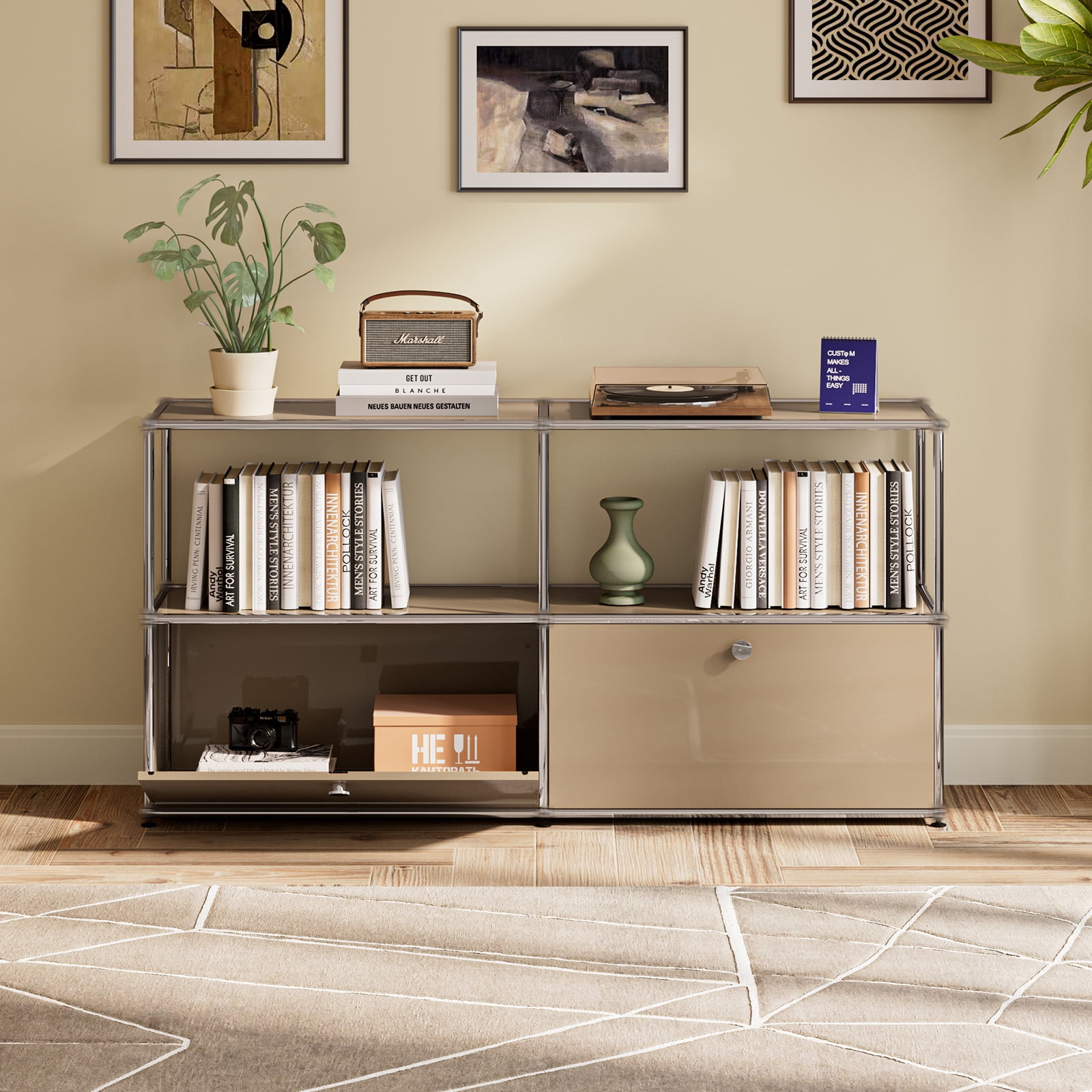 Modern Accent Cabinets with 2 Doors and Shelf,Freestanding Metal Storage Cabinet for Living Room,Brown