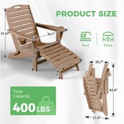 Ciokea Folding Adirondack Chair with Ottoman HDPE Pool Chair Pull Out Footrest with 2 Cup Holders Patio Garden Teak