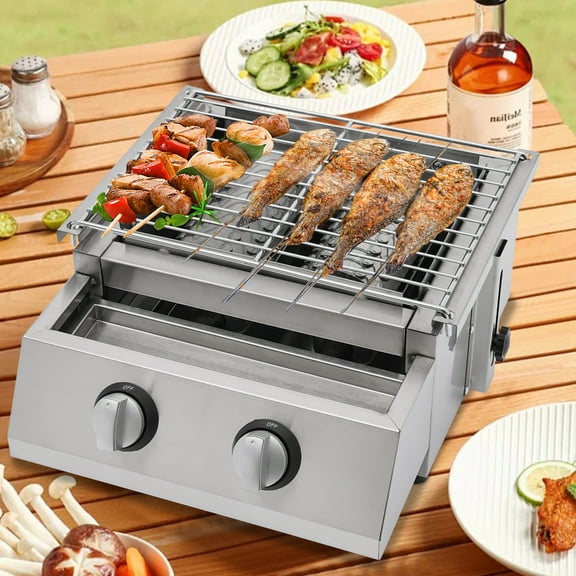 Portable 2-Burner Stainless Steel Gas BBQ Grill, Adjustable Height, Smokeless & Safe Outdoor Cooking