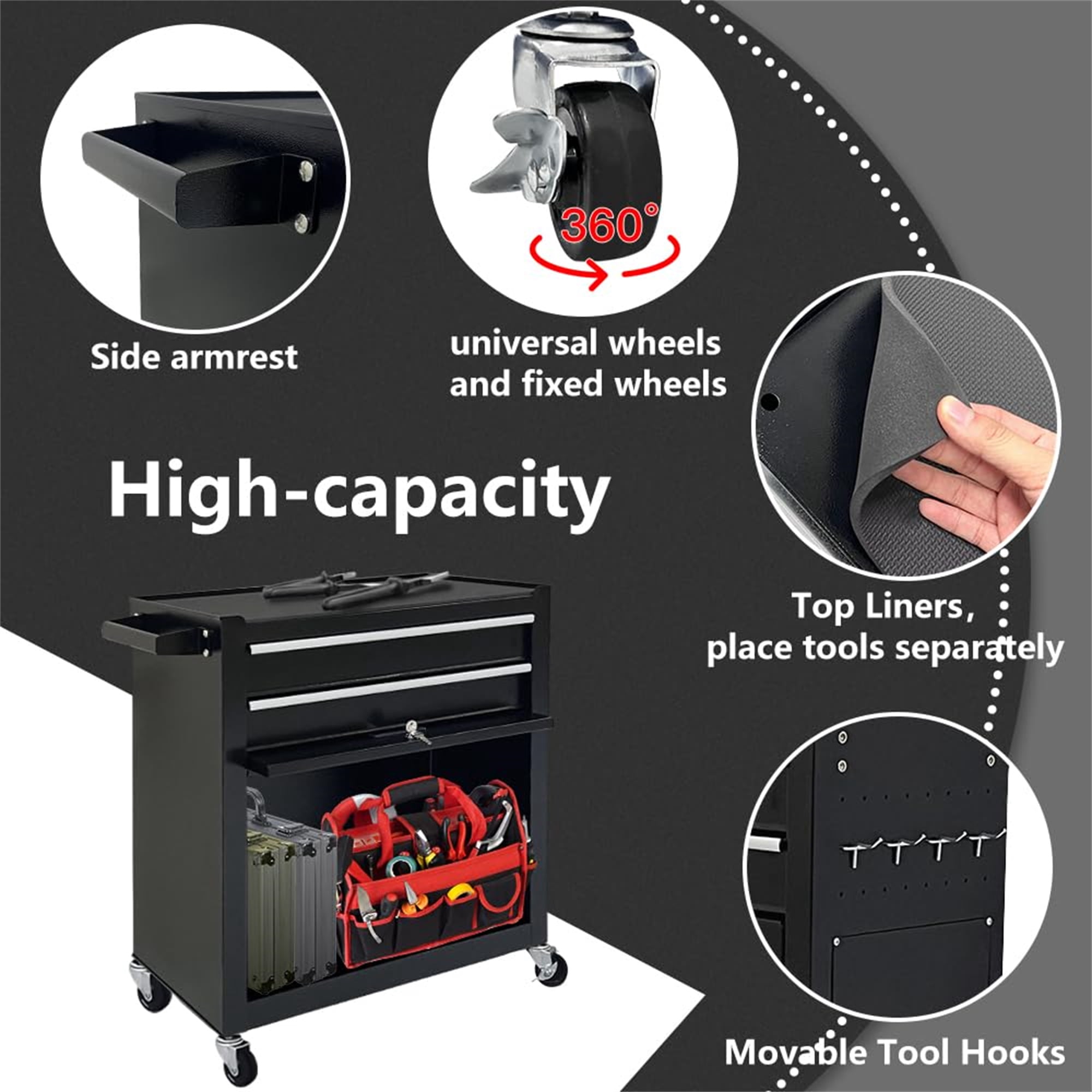 Aukfa Tool Box, 2 in 1 Steel Rolling Tool Chest & Cabinet on Wheels for Garage, 8-Drawers, Black