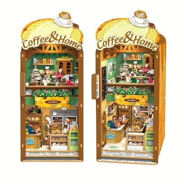 Coffee Shop Book Nook Kit, DIY Miniature 3D Puzzle Wooden Bookends Doll House with LED Lights for Bookshelf Decor, Tiny Miniverse Model House Art Craft for Adults, Halloween Christmas Decoration Gift