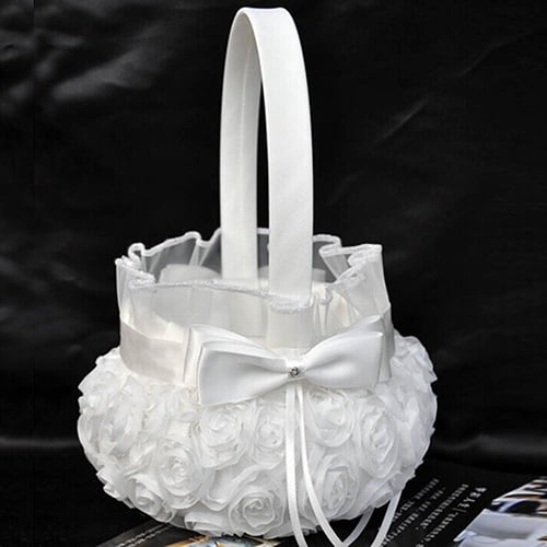 Romantic Wedding Ceremony Party Bowknot Love Case Satin Flower Girl Basket White 