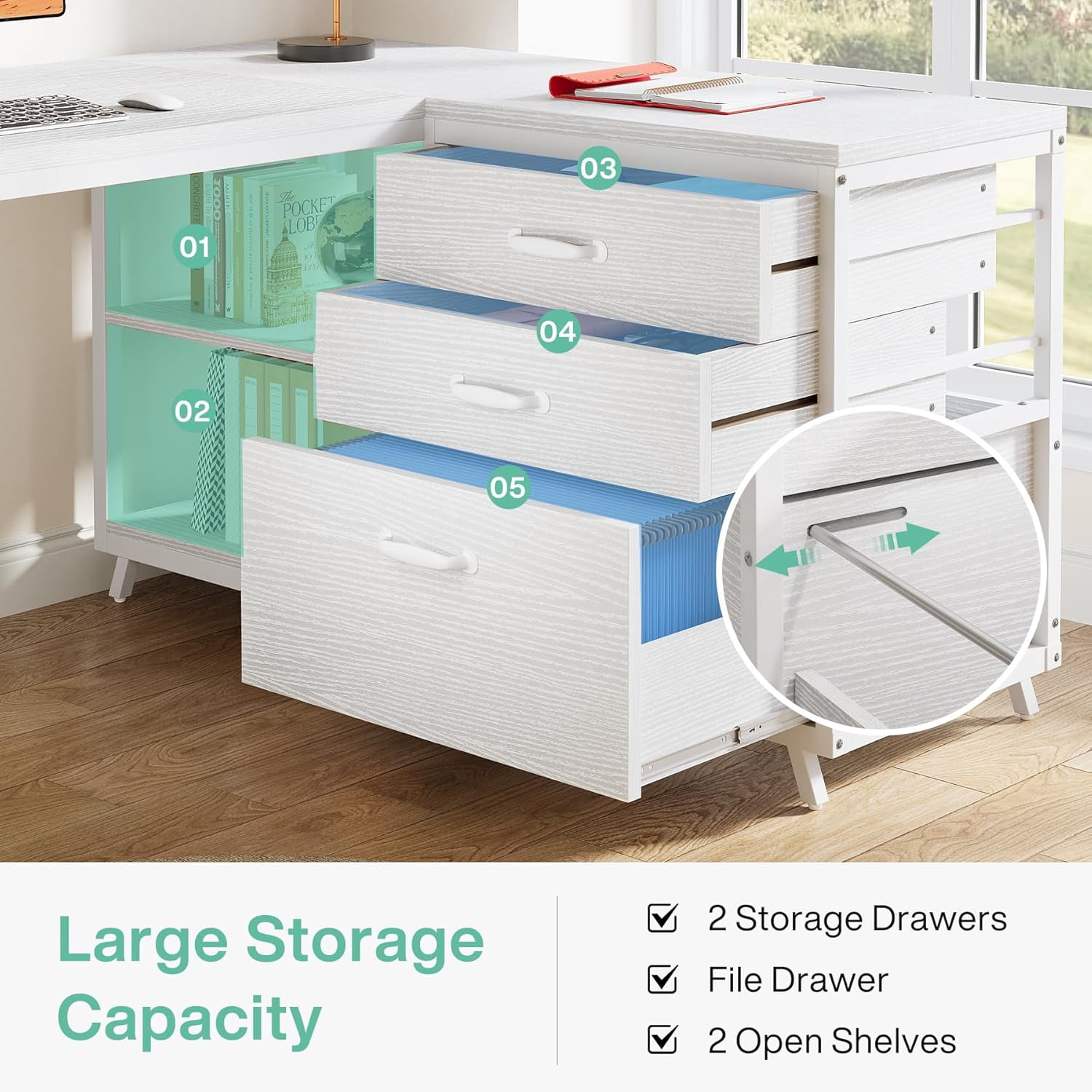 Tribesigns 53" L Shaped Office Desk, Reversible Corner Computer Desk with 3 File Drawers and 2 Storage Shelves for Home Office, Study, Gaming Room (White)