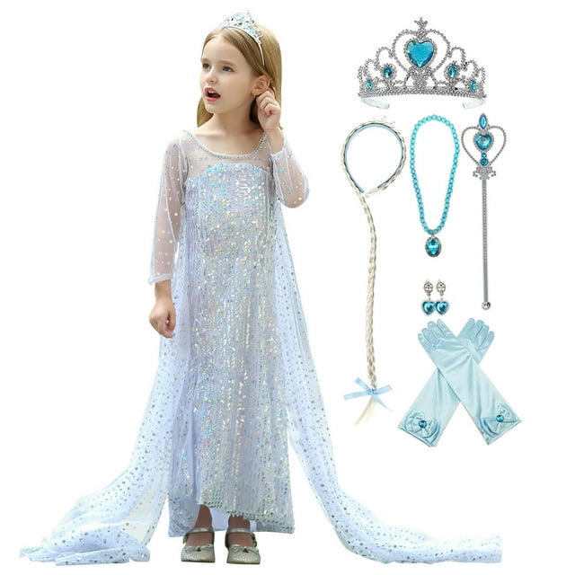 HAWEE Costume de Princesse pour Filles à Manches Longues Neige Elsa 2 Robe de Fête à Paillettes avec Cape