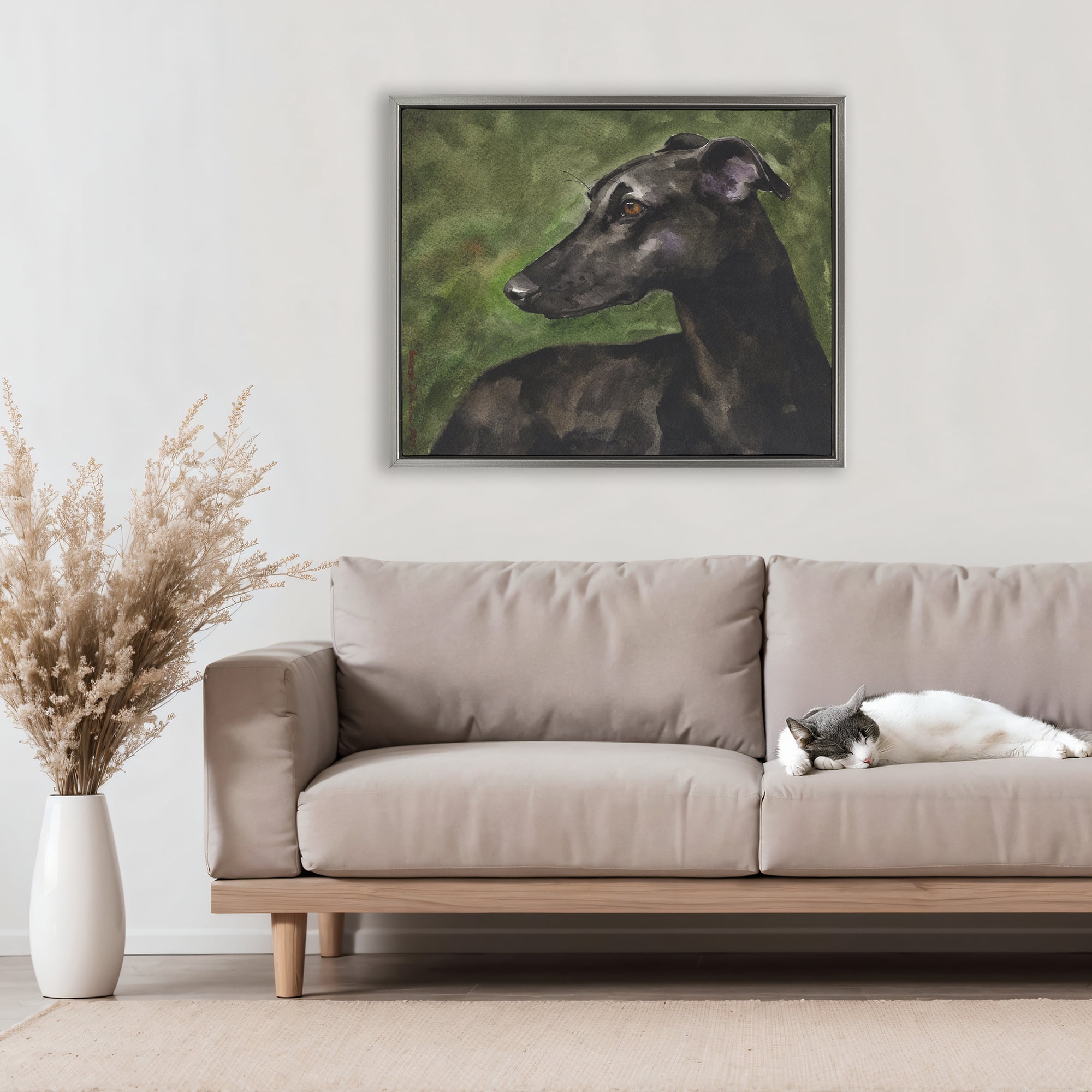 Stupell Industries Black Greyhound Portrait Gray Framed Floater Canvas Wall Art, design by George Dyachenko