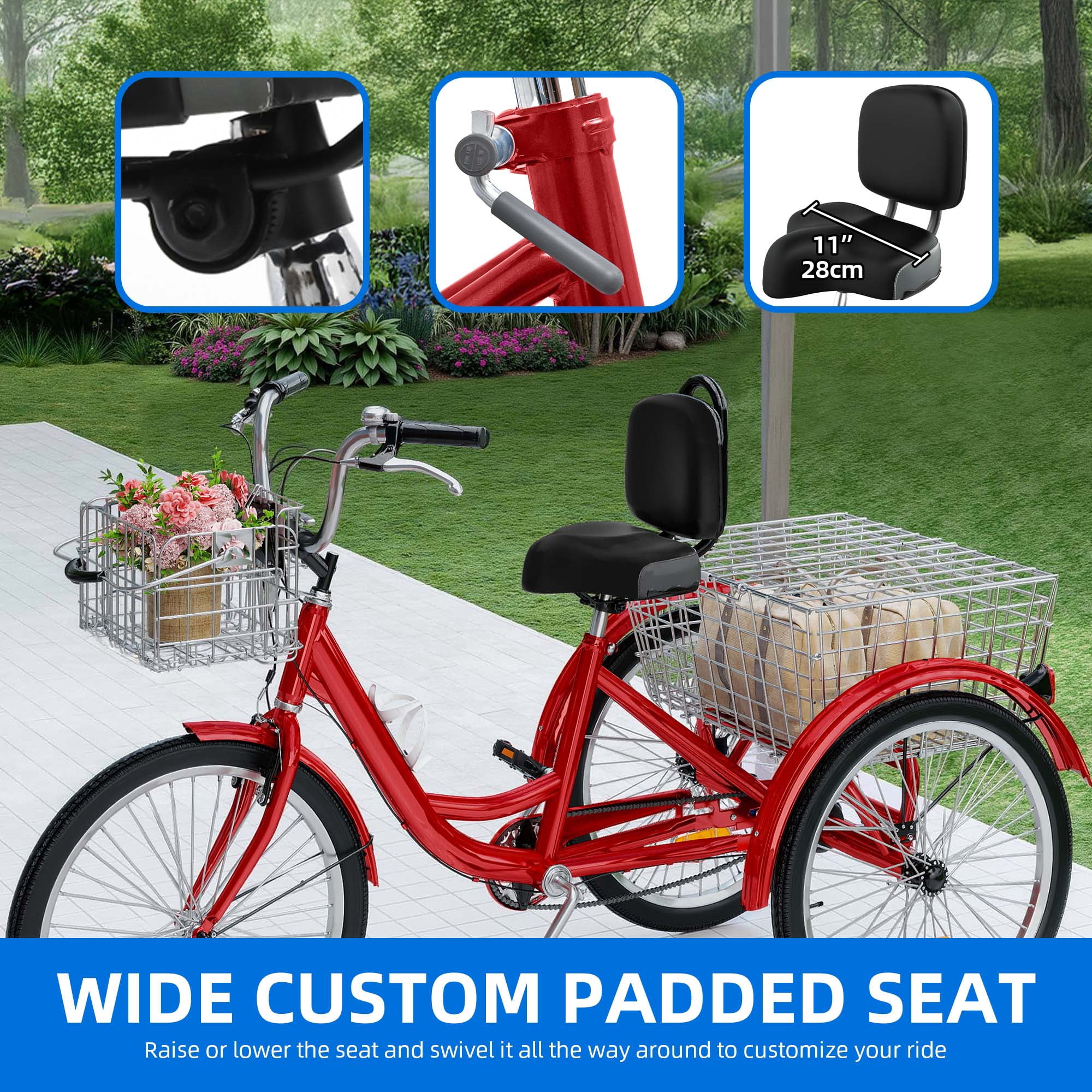 Uforic Adult Tricycle 24 Inch Single Speed Cruiser Trike with Seat Backrest