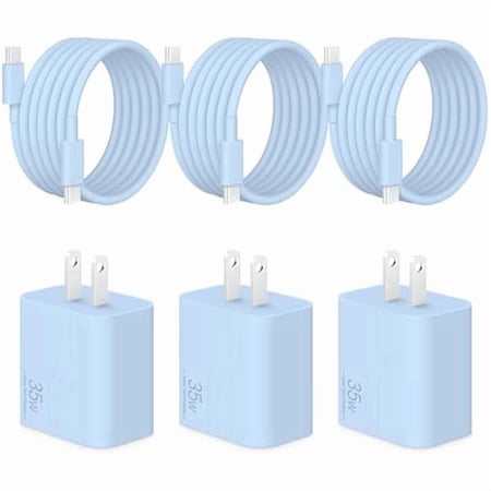 xzyuan 35W Type C Fast Charger Compatible with iPhone 17 16 15 Charger Fast Charging 3-Pack USB C Charger Block Type C Chargers 6 FT Type C to C Cable for IP 17 Pro Max/16/15 Series-Blue