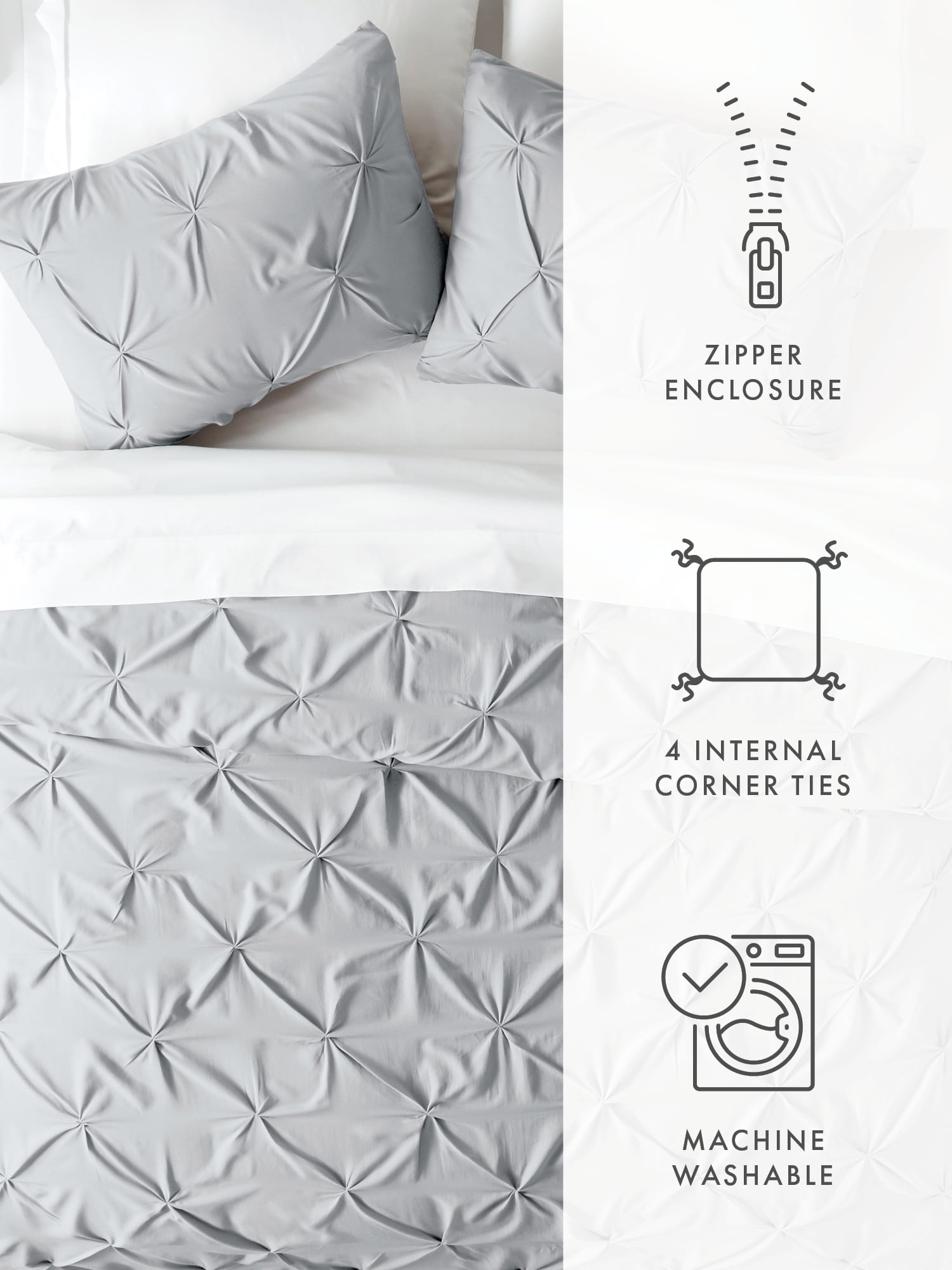 Comfort Canopy - 3 Piece Light Gray Pinch Pleated Duvet Cover Set with Shams for Queen Size Bedding