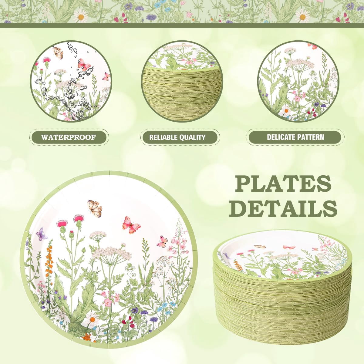 100pcs Floral Paper Plates 9 inch Wildflower Party Plates Disposable Spring Summer Dinner Paper Plate for Birthday Wedding Baby Shower Tea Party Bridal Shower