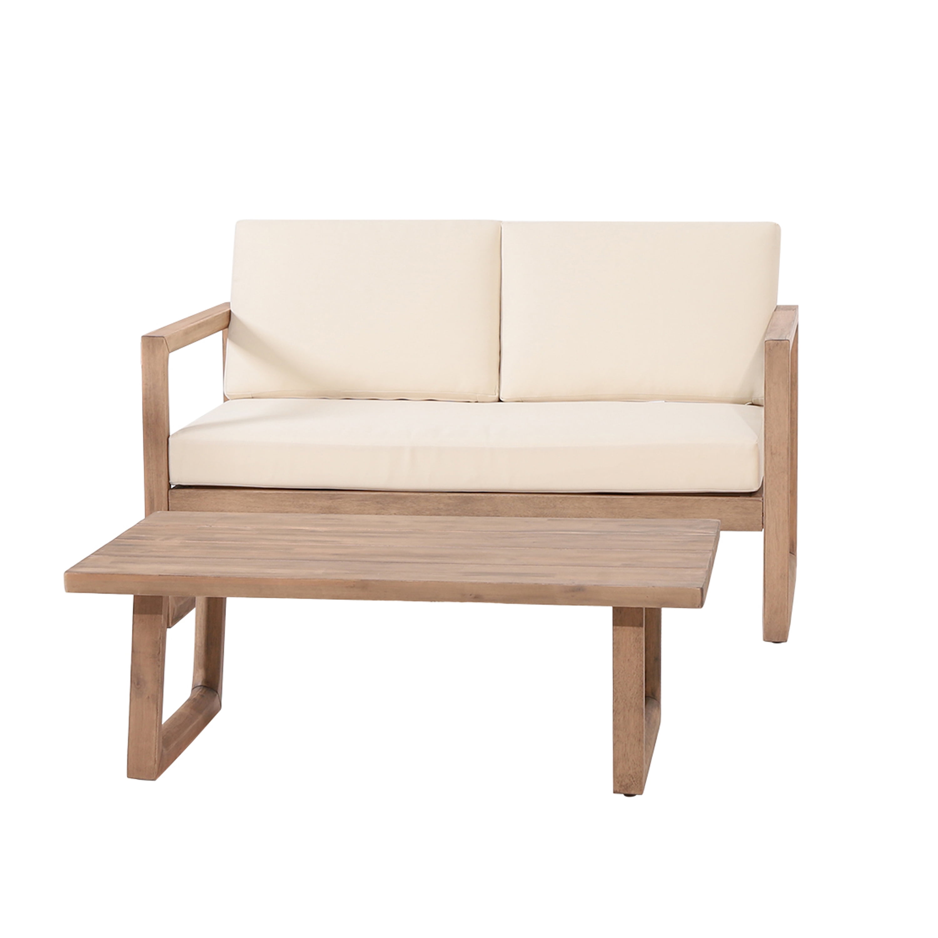 Outdoor Acacia Wood Loveseat and Coffee Table Set with Water-Resistant Cushions, Patio Conversation Set for Backyard, Brown and Beige