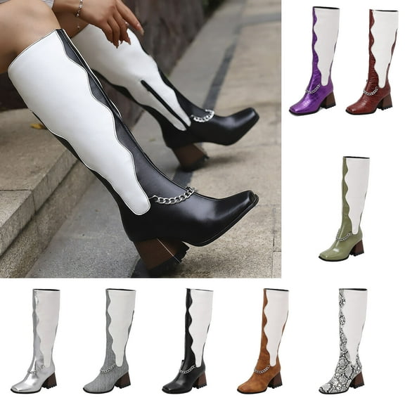 Hinvhai Womens Fashion Knee High Boots ,Classic Square Toe Chunky High Heeled Color Block Boots with Side Zipper Fashion Elastic Tall Boots Wine 10.5(45)