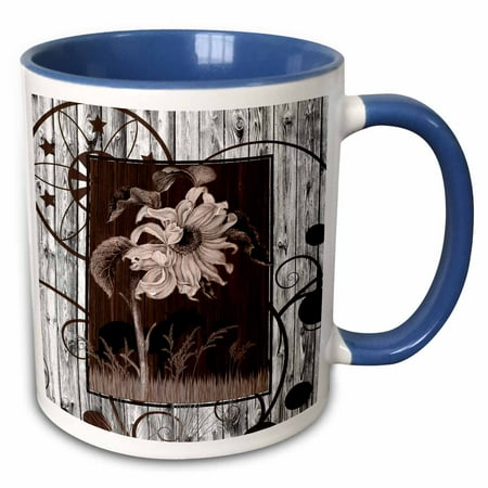 Cowgirl Silhouettes (3dRose Western horse and cowgirl silhouette with a vintage sunflower and white-washed barn wood - Two Tone Blue Mug,)