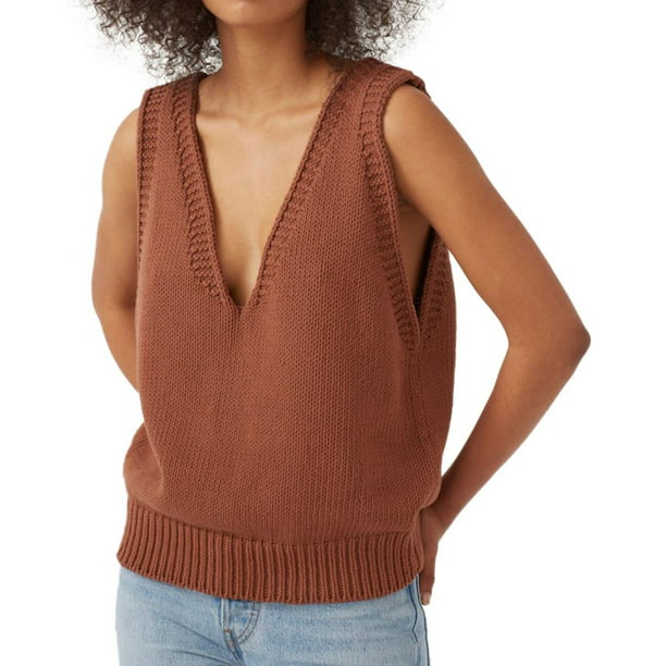 Women's Boxy Solid Color Low V Neck Marled Knitted Sweater Vest Tops -  Walmart.com