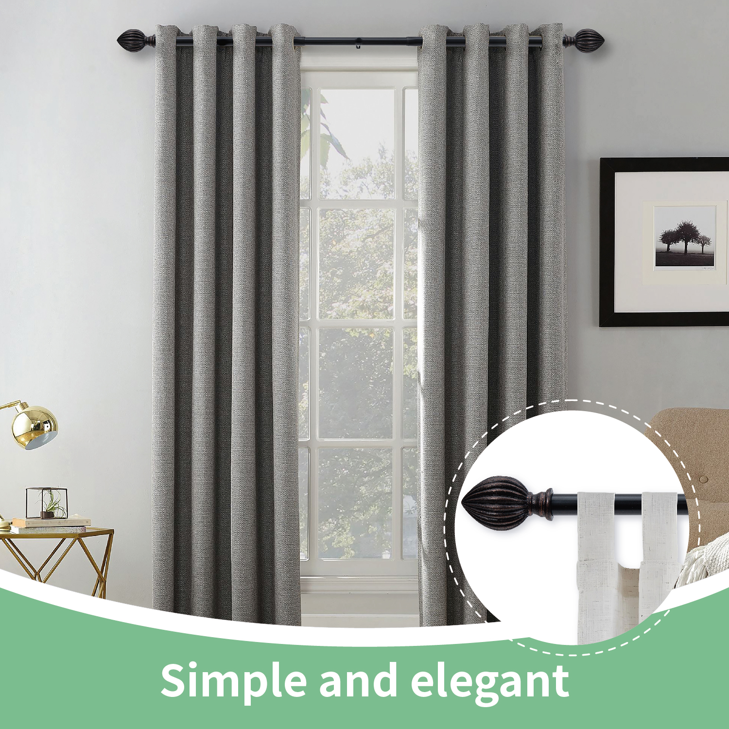 3/4 Inch Standard Decorative Window Curtain Rod, 48-84" Adjustable Length for Windows