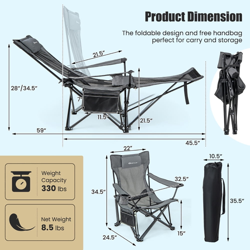 Aimee Lii Camping Lounge Chair with Detachable Footrest Adjustable Backrest, Portable Folding Chair, Gray