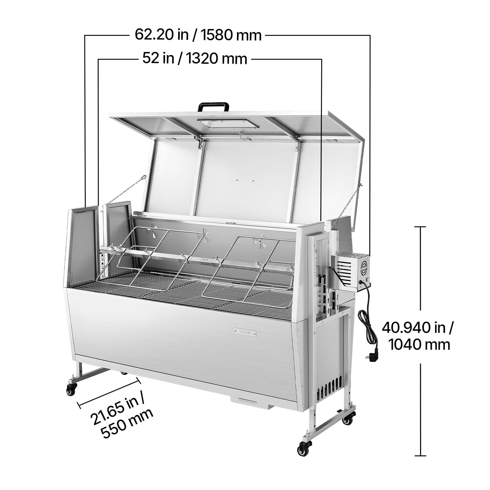 VEVOR Rotisserie Grill, 38W BBQ Outdoor Pig & Lamb Spit Roaster, Charcoal Spit Roaster with 132 LBS Capacity, Wheels & 4-Level Height,Stainless Steel Electric Rotisserie Grill Kit for Camping Outdoor