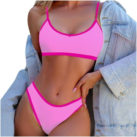 UTSJKR Bandeau Bikini Sets for Women Adjustable Splicing Color High Cut Thong Swimsuit Bottom Sports 2 Piece Sweawear Pink S