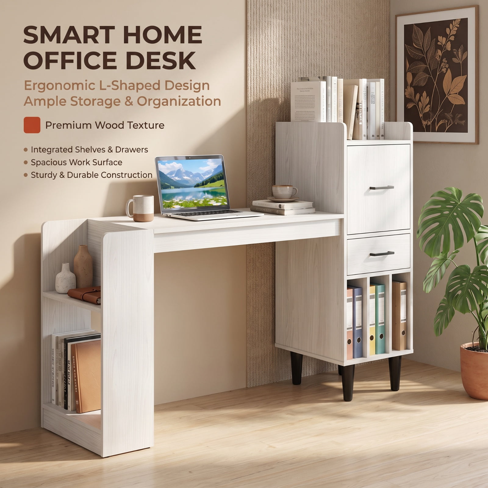 Furnibear 59 Inch Home Office Desk with Side Storage Shelves Drawer and Cabinets for Bedroom Study and Home Work, White Oak