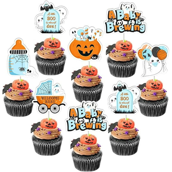 Halloween Baby Shower Party Decoration Boy, 36Pcs A Baby Is Brewing Baby Shower Decorations Cupcake Topper for A Little Boo Is Almost Due Halloween Welcome Baby Shower Gender Revel