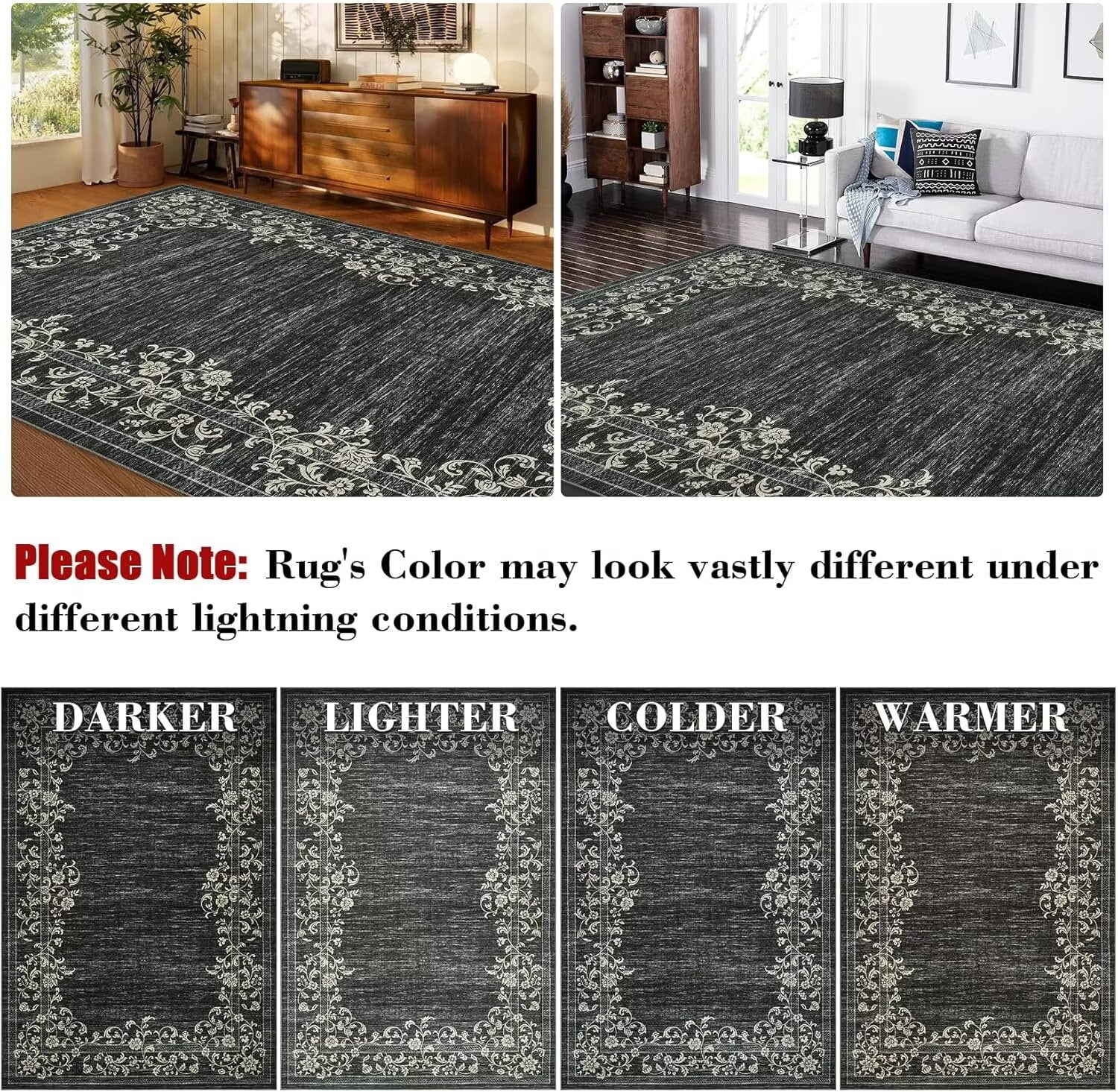 GlowSol 8'x10' Area Rug Modern Floral Area Rug Border Rugs for Living Room Bedroom Farmhouse Soft Foldable Area Rug, Black
