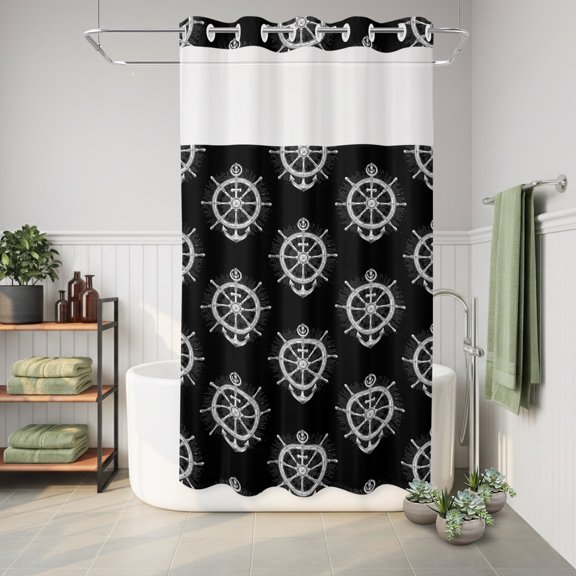 No Hook Shower Curtain White Ship's Rudders Anchors Waterproof Fabric Shower Curtain Nautical Coastal Black Hotel Style Bathroom Curtain with See Through Top Window Machine Washable 36x72in