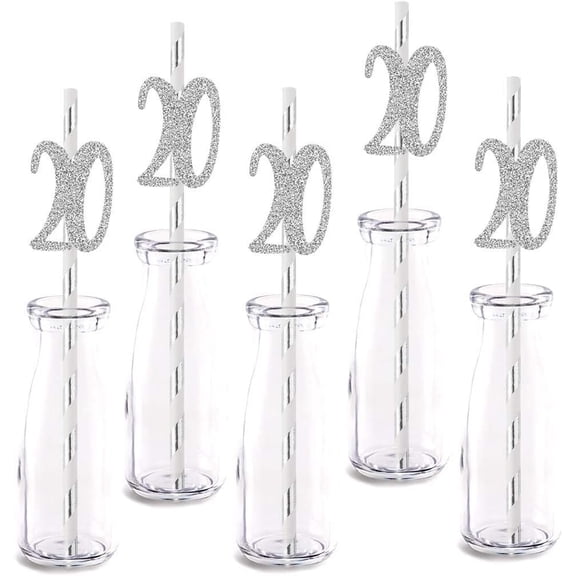 Silver Happy 20th Birthday Straw Decor, Silver Glitter 12pcs Cut-Out Number 20 Party Drinking Decorative Straws, Supplies