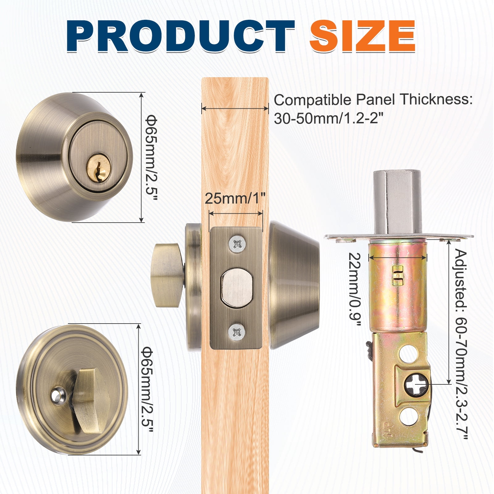 Uxcell Door Lock Set with Single Cylinder Deadbolt (2 Inch, Bronze) (1 Set), Round Ball Exterior and Interior Door Knobs, Suit for - Bedroom/Bathroom/Office, Keyed Alike
